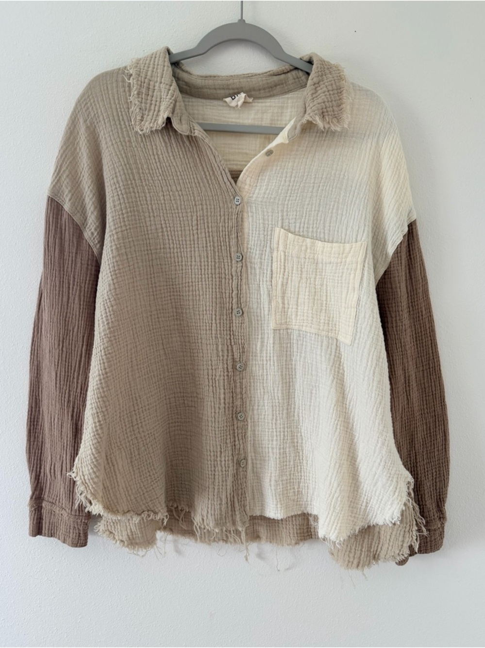 BiBi Color Block Earth Tones Cotton Gauze Button Down Blouse size medium